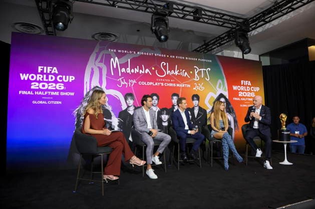 Global Citizen and FIFA announce World Cup Final Halftime Show (2-L to R) Brazilian former soccer player Kaka, CEO & Founder of Global Citizen Hugh Evans, Colombian artist Shakira and FIFA President Gianni Infantino participate in a panel during Global Citizen NOW in New York, New York, USA, 14 May 2026. Global Citizen and FIFA announced that the FIFA World Cup, WM, Weltmeisterschaft, Fussball Final Halftime Show on 19 July will feature Madonna, Shakira, and BTS as headliners. NEW YORK NEW YORK United States Copyright: xSARAHxYENESELx