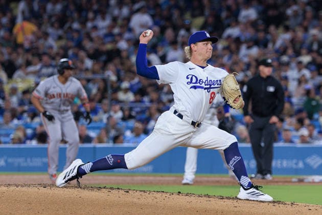 May 14, 2026, Los Angeles, California, USA: Starting pitcher, Emmet Sheehan 80 of the Los Angeles Dodgers during a regular season MLB, Baseball Herren, USA game against the San Francisco Giants on Thursday May 14, 2026 at Dodger Stadium in Los Angeles, California. Dodgers defeat Giants, 5-2. JAVIER ROJAS PI Dodgers Defeat Giants, 5-2 - ZUMAp124 20260514_zaa_p124_009 Copyright: xJavierxRojasx