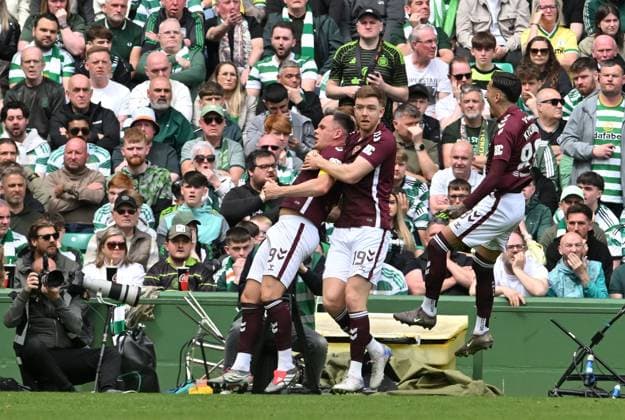 Lawrence Shankland of Hearts scores the opening goal Celtic v Heart of Midlothian, William Hill Scottish Premiership, Football, Celtic Park, Glasgow, Scotland, UK - 16 May 2026Glasgow Celtic Park United Kingdom EDITORIAL USE ONLY No use with unauthorised audio, video, data, fixture lists, club league logos or live services. Online in-match use limited to 120 images, no video emulation. No use in betting, games or single club league player publications. Copyright: xMarkxRunnacles Shutterstockx 16876830cg