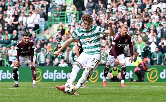 Arna Engels of Celtic scores a penalty Celtic v Heart of Midlothian, William Hill Scottish Premiership, Football, Celtic Park, Glasgow, Scotland, UK - 16 May 2026Glasgow Celtic Park United Kingdom EDITORIAL USE ONLY No use with unauthorised audio, video, data, fixture lists, club league logos or live services. Online in-match use limited to 120 images, no video emulation. No use in betting, games or single club league player publications. Copyright: xMarkxRunnacles Shutterstockx 16876830cm