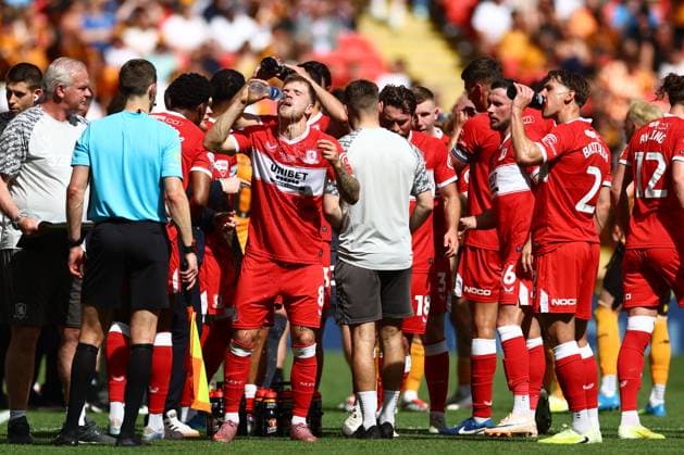 Riley McGree of Middlesbrough during the drinks break Hull City v Middlesbrough, EFL Sky Bet Championship, Play-Off Final, Football, Wembley Stadium, London, UK - 23 May 2026London Wembley Stadium United Kingdom EDITORIAL USE ONLY No use with unauthorised audio, video, data, fixture lists, club league logos or live services. Online in-match use limited to 120 images, no video emulation. No use in betting, games or single club league player publications. Copyright: xJamesxMarsh Shutterstockx 16887365hy