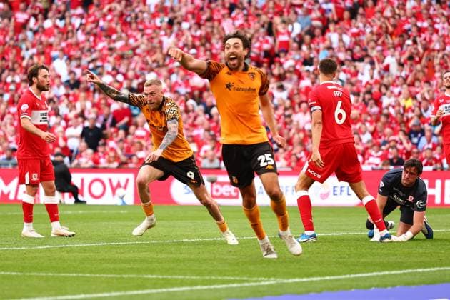 Oliver McBurnie of Hull City celebrates scoring to make it 1-0 Hull City v Middlesbrough, EFL Sky Bet Championship, Play-Off Final, Football, Wembley Stadium, London, UK - 23 May 2026London Wembley Stadium United Kingdom EDITORIAL USE ONLY No use with unauthorised audio, video, data, fixture lists, club league logos or live services. Online in-match use limited to 120 images, no video emulation. No use in betting, games or single club league player publications. Copyright: xJamesxMarsh Shutterstockx 16887365jg