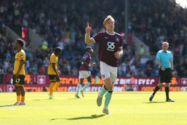 Zian Flemming of Burnley celebrates scoring their sides first goal Burnley v Wolverhampton Wanderers, Premier League, Football, Turf Moor, Burnley, UK - 24 May 2026Burnley Turf Moor United Kingdom EDITORIAL USE ONLY No use with unauthorised audio, video, data, fixture lists, club league logos or live services. Online in-match use limited to 120 images, no video emulation. No use in betting, games or single club league player publications. Copyright: xPhilxOldham Shutterstockx 16889832v