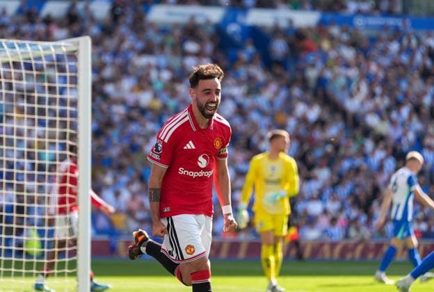 Goal - Bruno Fernandes of Manchester United, ManU celebrates the third goal. Brighton and Hove Albion v Manchester United, Premier League, Football, American Express Community Stadium, Brighton, UK - 24 May 2026Brighton American Express Community Stadi United Kingdom EDITORIAL USE ONLY No use with unauthorised audio, video, data, fixture lists, club league logos or live services. Online in-match use limited to 120 images, no video emulation. No use in betting, games or single club league player publications. Copyright: xSeanxRyan Shutterstockx 16889822ar