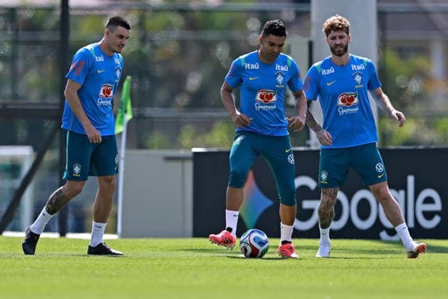 28th May 2026; Teresopolis, Brazil: Roger Ibanez, Casemiro and Leo Pereira of Brazil during a training session at the Granja Comary training center in Teresopolis, Rio de Janeiro, Brazil, on May 28, 2026, ahead of the FIFA World Cup, WM, Weltmeisterschaft, Fussball 2026 HeulerxAndrey