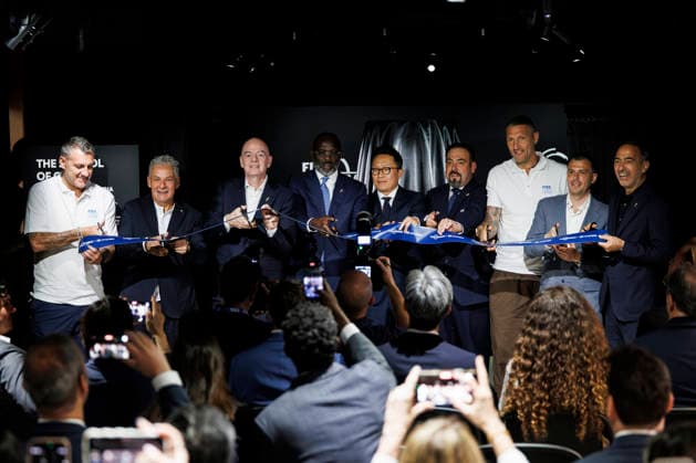 From left to right, Christian Vieri, Roberto Baggio, FIFA President Gianni Infantino, George Weah, Hyundai Motor Company Chief Marketing Officer Sungwon Jee, FIFA Museum Director General Marco Fazzone, Marco Materazzi, and Youri Djorkaeff (right) attend the opening of the Legacies of Champions exhibition at Rockefeller Center in New York, in New York, United States, 08 June 2026. The exhibition traces every World Cup since Uruguay 1930 through original artifacts, such as historic uniforms and balls, photographs, sticker albums, and memorabilia from the tournament s most iconic teams and players. FIFA and Hyundai bring the history of the World Cup to Rockefeller Center in New York !ACHTUNG: NUR REDAKTIONELLE NUTZUNG! Copyright: xAlfonsoxLozanox AME9873 20260608-55020539077_1