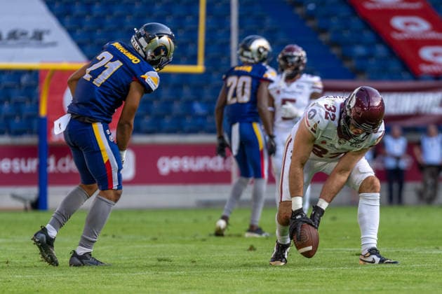 Lukas Wiesbrock (Rhein Fire, 32) faengt den Ball, GER Rhein Fire vs. Alpine Rams, American Football, AFLE, Saison 2026, 01.08.2026 GER Rhein Fire vs. Alpine Rams, American Football, AFLE, Saison 2026, 01.08.2026 Duisburg Copyright: xEibner-Pressefoto FabianxFriesex EP_FFE