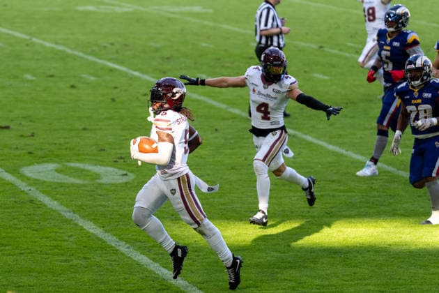 Nazir Streater (Rhein Fire, 05) am Ball gefolgt von Jannik Seibel (Rhein Fire, 04), GER Rhein Fire vs. Alpine Rams, American Football, AFLE, Saison 2026, 01.08.2026 GER Rhein Fire vs. Alpine Rams, American Football, AFLE, Saison 2026, 01.08.2026 Duisburg Copyright: xEibner-Pressefoto FabianxFriesex EP_FFE