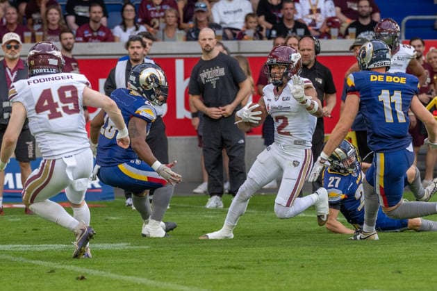 Joshua Scott (Rhein Fire, 02), GER Rhein Fire vs. Alpine Rams, American Football, AFLE, Saison 2026, 01.08.2026 GER Rhein Fire vs. Alpine Rams, American Football, AFLE, Saison 2026, 01.08.2026 Duisburg Copyright: xEibner-Pressefoto FabianxFriesex EP_FFE
