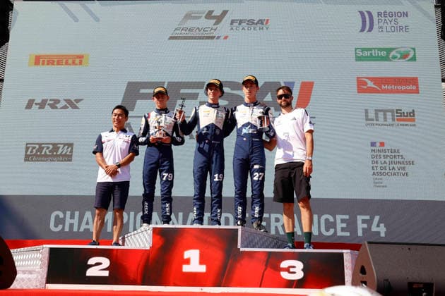 AUTO - CHAMPIONNAT DE FRANCE FFSA F4 2026 - MAGNY-COURS 19 BOUZAR Guillaume (FRA),Mygale M21-F4, 79 RAMAEKERS Thibaut (BEL),Mygale M21-F4, 27 DUSSOL Tom (FRA),Mygale M21-F4, podium during the 4th round of the Championnat de France FFSA F4 2026, from July 31 to August 2, 2026 on the Circuit de Nevers Magny-Cours, in Magny-Cours, France - Copyright: xGREGORYxLENORMANDx