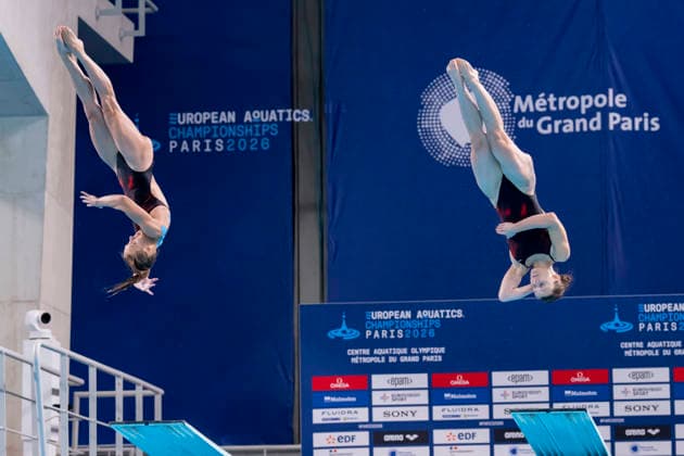 France, Paris, Centre Aquatique Olympique Metropole du Grand Paris, 06.08.2026, European Aquatics Championships Artistic Swimming, Day 7, Women™s Synchronised 3m Springboard Final, Aleksandra Blazowaka and Kaja Skrzek of Poland, Photo by Eibner Pressefoto Tino Henschel European Aquatics Championships Artistic Swimming, Day 7, Women™s Synchronised 3m Springboard Final Paris Copyright: xEibnerxPressefotox
