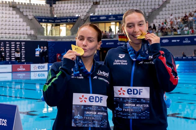 France, Paris, Centre Aquatique Olympique Metropole du Grand Paris, 06.08.2026, European Aquatics Championships Artistic Swimming, Day 7, Womans Synchronised 3m Springboard , Chiara Pellicani and Elisa Pizzini of Italy, Photo by Eibner Pressefoto Tino Henschel European Aquatics Championships Artistic Swimming, Day 7, Womans Synchronised 3m Springboard Paris Copyright: xEibnerxPressefotox