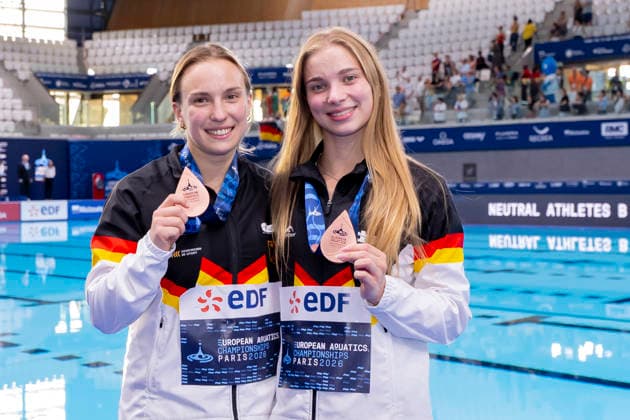 France, Paris, Centre Aquatique Olympique Metropole du Grand Paris, 06.08.2026, European Aquatics Championships Artistic Swimming, Day 7, Womans Synchronised 3m Springboard , Lena Hentschel and Jette Mueller of Germany, Photo by Eibner Pressefoto Tino Henschel European Aquatics Championships Artistic Swimming, Day 7, Womans Synchronised 3m Springboard Paris Copyright: xEibnerxPressefotox