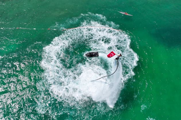 12th Van Sea Water Sports Festival kicks off on Lake Van VAN, TURKIYE - AUGUST 08: A view of participants and athletes taking part in the 12th Van Sea Water Sports Festival held at the Edremit-Gebze Water Sports Center on the shores of Lake Van in Van, Turkiye, on August 08, 2026. Organized to promote Lake Van and boost local tourism, the two-day event features Beach volleyball, Beachvolleyball and handball matches, flyboard demonstrations, canoeing, rowing, dragon boat races, and various recreational activities. Ozkan Bilgin Anadolu Van Turkey. Editorial use only. Please get in touch for any other usage. Copyright: x2026xAnadoluxOzkanxBilginx