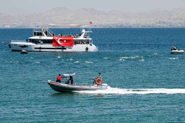 12th Van Sea Water Sports Festival kicks off on Lake Van VAN, TURKIYE - AUGUST 08: A view of participants and athletes taking part in the 12th Van Sea Water Sports Festival held at the Edremit-Gebze Water Sports Center on the shores of Lake Van in Van, Turkiye, on August 08, 2026. Organized to promote Lake Van and boost local tourism, the two-day event features Beach volleyball, Beachvolleyball and handball matches, flyboard demonstrations, canoeing, rowing, dragon boat races, and various recreational activities. Ozkan Bilgin Anadolu Van Turkey. Editorial use only. Please get in touch for any other usage. Copyright: x2026xAnadoluxOzkanxBilginx