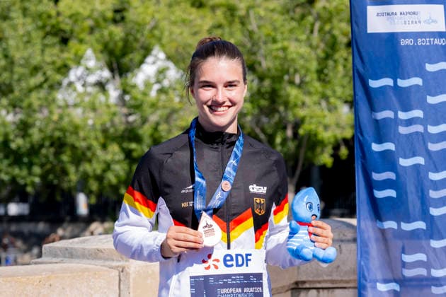 France, Paris, Seine River, Bir-Hakeim, 08.08.2026, European Aquatics Championships Artistic Swimming, Day 9, Women™s 20m Platform, Maike Halbisch of Germany, Photo by Eibner Pressefoto Tino Henschel European Aquatics Championships Artistic Swimming, Day 9, Women™s 20m Platform Paris Copyright: xEibnerxPressefotox