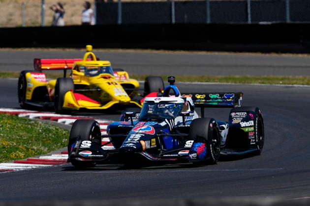 August 9, 2026, Portland, Oregon, USA: Felix Rosenqvist, driver of the 60 Meyer Shank Racing Honda, leads Alex Palou, driver of the 10 Chip Ganassi Racing Honda, during the early laps of the IndyCar, Indy Car, IRL, USA Grand Prix of Portland at the Portland International Raceway. IndyCar Portland Grand Prix - ZUMAd212 20260809_zsp_d212_017 Copyright: xRichardxDolex