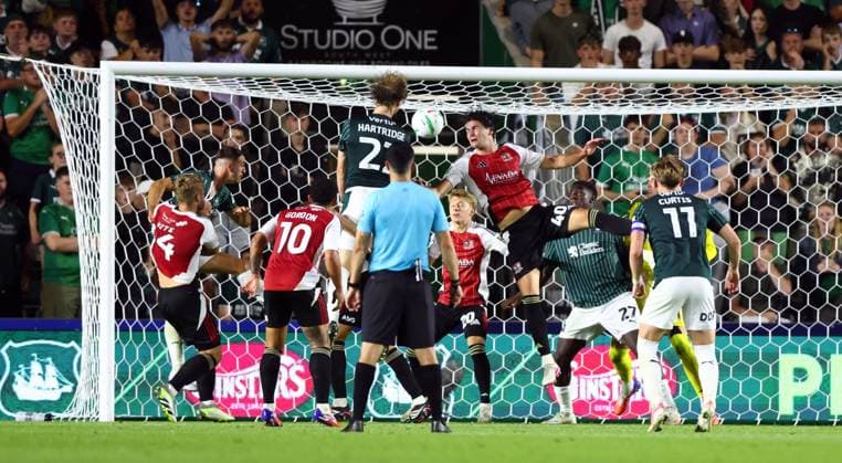 Alex Hartridge of Plymouth Argyle scores a goal to make the score 1-0 Plymouth Argyle v Exeter City, EFL Carabao Cup, First Round, Football, Home Park, Plymouth, UK - 10 Aug 2026Plymouth Home Park United Kingdom EDITORIAL USE ONLY No use with unauthorised audio, video, data, fixture lists, club league logos or live services. Online in-match use limited to 120 images, no video emulation. No use in betting, games or single club league player publications. Copyright: xKieranxMcManus Shutterstockx 17061087bm