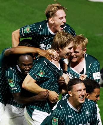 Alex Hartridge of Plymouth Argyle celebrates scoring a goal after making the score 1-0. Plymouth Argyle v Exeter City, EFL Carabao Cup, First Round, Football, Home Park, Plymouth, UK - 10 Aug 2026Plymouth Home Park United Kingdom EDITORIAL USE ONLY No use with unauthorised audio, video, data, fixture lists, club league logos or live services. Online in-match use limited to 120 images, no video emulation. No use in betting, games or single club league player publications. Copyright: xJamesxMarsh Shutterstockx 17061088cg