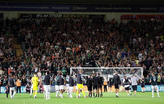 Plymouth Argyle fans celebrate at full time Plymouth Argyle v Exeter City, EFL Carabao Cup, First Round, Football, Home Park, Plymouth, UK - 10 Aug 2026Plymouth Home Park United Kingdom EDITORIAL USE ONLY No use with unauthorised audio, video, data, fixture lists, club league logos or live services. Online in-match use limited to 120 images, no video emulation. No use in betting, games or single club league player publications. Copyright: xKieranxMcManus Shutterstockx 17061087br