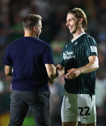 Plymouth Argyle manager Tom Cleverley celebrates with Alex Hartridge at full time Plymouth Argyle v Exeter City, EFL Carabao Cup, First Round, Football, Home Park, Plymouth, UK - 10 Aug 2026Plymouth Home Park United Kingdom EDITORIAL USE ONLY No use with unauthorised audio, video, data, fixture lists, club league logos or live services. Online in-match use limited to 120 images, no video emulation. No use in betting, games or single club league player publications. Copyright: xKieranxMcManus Shutterstockx 17061087bt