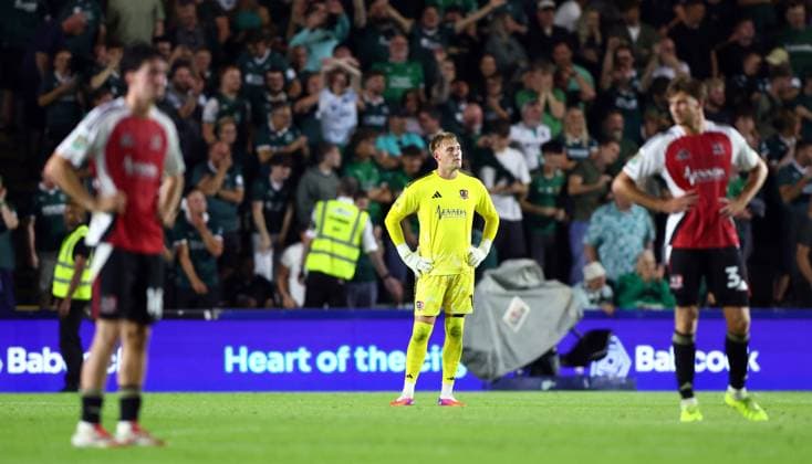 Jack Bycroft of Exeter City shows a look of dejection after conceding the second goal Plymouth Argyle v Exeter City, EFL Carabao Cup, First Round, Football, Home Park, Plymouth, UK - 10 Aug 2026Plymouth Home Park United Kingdom EDITORIAL USE ONLY No use with unauthorised audio, video, data, fixture lists, club league logos or live services. Online in-match use limited to 120 images, no video emulation. No use in betting, games or single club league player publications. Copyright: xKieranxMcManus Shutterstockx 17061087bv