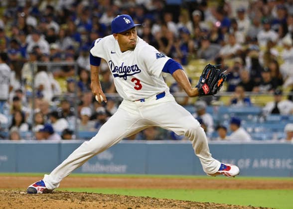 Los Angeles Dodgers closing pitcher Edwin Diaz winds up to deliver against the Kansas City Royals at Dodger Stadium in Los Angeles on Monday, August 10, 2026. LAP2026081008 JIMxRUYMEN