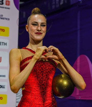 August 16, 2026, Frankfurt, Hesse, Germany: German gymnast DARJA VARFOLOMEEV celebrates winning gold in the 42nd Rhythmic gymnastics, Rhythmische Sportgymnastik, RSG World Championships individual ball finals in the Festhalle in Frankfurt, Hesse, Germany on Sunday, August 16, 2026. 2026 Rhythmic Gymnastics World Championships Individual Finals - ZUMAd168 20260816_zsp_d168_025 Copyright: xKaixDambachx