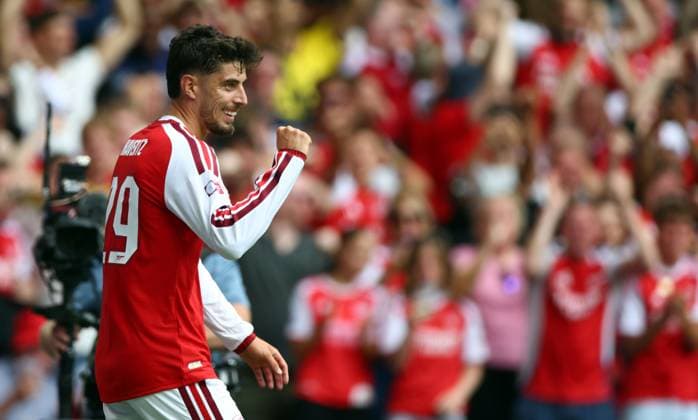 Kai Havertz of Arsenal celebrates scoring a goal to make the score 2-0 Arsenal v Manchester City, FA Community Shield, Football, Principality Stadium, Cardiff, Wales, UK - 16 Aug 2026Cardiff Principality Stadium Wales United Kingdom EDITORIAL USE ONLY No use with unauthorised audio, video, data, fixture lists, club league logos or live services. Online in-match use limited to 120 images, no video emulation. No use in betting, games or single club league player publications. Copyright: xKieranxMcManus Shutterstockx 17070166ag