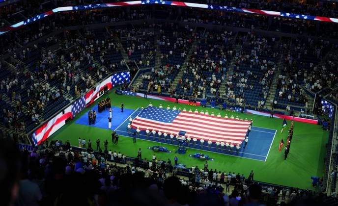 Tha US national anthem is sung as the Stars and Stripes flag is unfurled ahead of the start of play in the semi final between Ben Shelton and Frances Tiafoe 2026 US Open, Day Thirteen, USTA Billie Jean King National Tennis Center, New York, USA - 11 Sep 2026New York USTA Billie Jean King National T New York (NY) United States of America EDITORIAL USE ONLY No use with unauthorised audio, video, data, fixture lists, club league logos or live services. Online in-match use limited to 120 images, no video emulation. No use in betting, games or single club league player publications. Copyright: xJavierxGarcia Shutterstockx 17140162ag