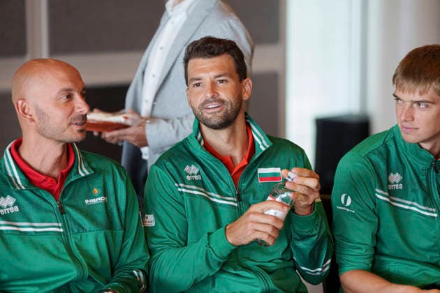 press conference, PK, Pressekonferenz before the Davis Cup match between Denmark and Bulgaria Bulgarian players Valentin Dimov, Grigor Dimitrov, and Pyotr Nesterov (seen from left) during the team lineup, Mannschaftsbild, Totale draw, and press conference in Hilleroed, Thursday, September 17, 2026. The match between Denmark and Bulgaria will takes place at Royal Stage in Hilleroed September 18-19, 2026. , Copenhagen Denmark Copyright: Ritzau Scanpix LiselottexSabroex spdk20260917-125138-L