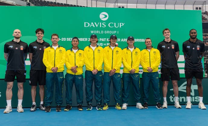 TENNIS DAVIS CUP DRAW, Arnas Velicka, Max Mackinnon, James Duckworth, Rinky Hijikata, Max Purcell, Adam Walton, Alex de Minaur, Lleyton Hewitt, Harry Rouhliadeff and Jaylin Williams (L-R) pose for a photo during a Davis Cup draw event at Pat Rafter Arena, Brisbane, Friday, September 18, 2026. ( NO ARCHIVING Copyright: xRUSSELLxFREEMANx 20260918157733112366