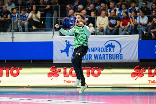 Gonzalo Perez de Vargas (THW Kiel, 01) jubel zur Parade. GER, ThSV Eisenach gegen THW Kiel, 1. Opel Handballbundesliga, Handball, 5.Spieltag, Saison 2026 2027, 20.00 Uhr, 18.09.2026 GER, ThSV Eisenach gegen THW Kiel, 1. Opel Handballbundesliga, Handball, 5.Spieltag, Saison 2026 2027, 20.00 Uhr, 18.09.2026 Eisenach Copyright: xMartinxHerbstx