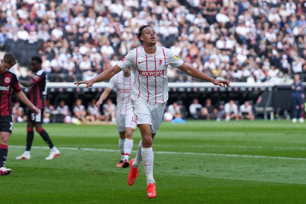 Derry Scherhant (SC Freiburg, 07) Torjubel, Emotionen, Torschuss, Abschluss, Torerfolg, Tor, Treffer , Deutschland, Fussball, 1. Bundesliga, 4.Spieltag, 2026 2027, Eintracht Frankfurt vs. SC Freiburg, 19.09.2026, Deutsche Bank Park, Frankfurt Frankfurt Deutsche Bank Park Hessen Deutschland Copyright: xArnexAmbergx