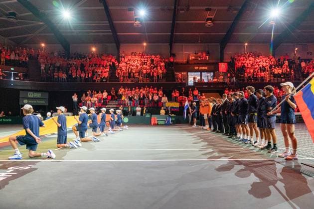 2026-09-19 - Davis Cup 2026 DEN BOSCH, NETHERLANDS - SEPTEMBER 19: Jesper de Jong, Alejandro Falla, Johan Rodriguez, Paul Haarhuis, Nicolas Mejia, Nicolas Barrientos, Botic van de Zandschulp, Samuel Heredia, Miguel Tobon, Tallon Griekspoor, David Pel during the Davis Cup 2026 match between Netherlands and Columbia at the Maaspoort on September 19, 2026 in Den Bosch, Netherlands Den Bosch Maaspoort Netherlands Content not available for redistribution in The Netherlands directly or indirectly through any third parties. Copyright: xMarleenxFouchierx