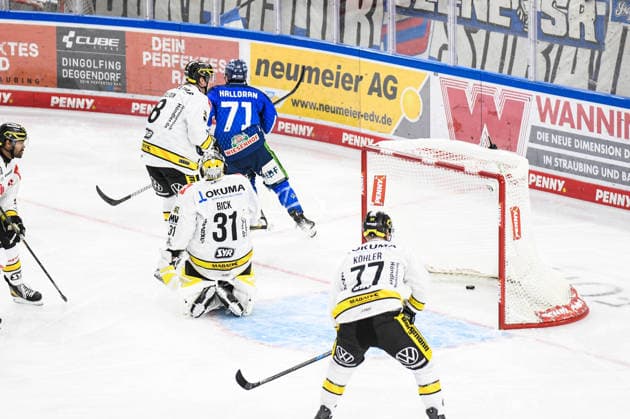 Straubing Tigers vs. Krefeld Pinguine, Eishockey, Deutsche Eishockey Liga, Penny DEL, 1.Spieltag, Saison 2026 2027, 23.09.2026 Nicholas Halloran (Straubing Tigers) ueberwindet Felix Bick (Krefeld Pinguine), Eishockey Herren, Deutsche Eishockey Liga, Penny DEL, 1.Spieltag, Saison 2026 2027 am 20.09.2026 im Eisstadion am Pulverturm, Straubing Tigers (blau) gegen Krefeld Pinguine (weiss)