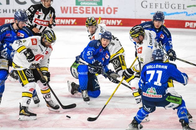 Straubing Tigers vs. Krefeld Pinguine, Eishockey, Deutsche Eishockey Liga, Penny DEL, 1.Spieltag, Saison 2026 2027, 23.09.2026 Danjo LEonhardt (Straubing Tigers) beim Bully mit Roope Maekitalo (Krefeld Pinguine), Eishockey Herren, Deutsche Eishockey Liga, Penny DEL, 1.Spieltag, Saison 2026 2027 am 20.09.2026 im Eisstadion am Pulverturm, Straubing Tigers (blau) gegen Krefeld Pinguine (weiss)