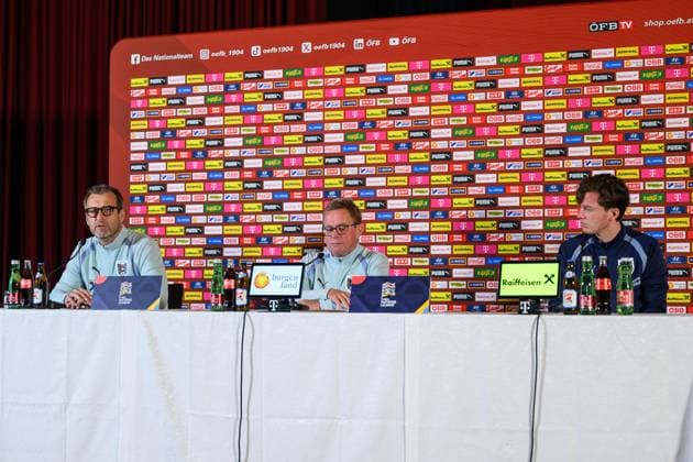 SOCCER - NL, AUT vs ISR WINDISCHGARSTEN,AUSTRIA,23.SEP.26 - SOCCER - UEFA Nations League, group stage, OEFB international match, Länderspiel, Nationalmannschaft Austria vs Israel, preview, press conference, PK, Pressekonferenz team AUT. Image shows press officer Thomas Trukesitz, head coach Ralf Rangnick and Michael Gregoritsch (AUT). GEPAxpictures xChristianxMoser