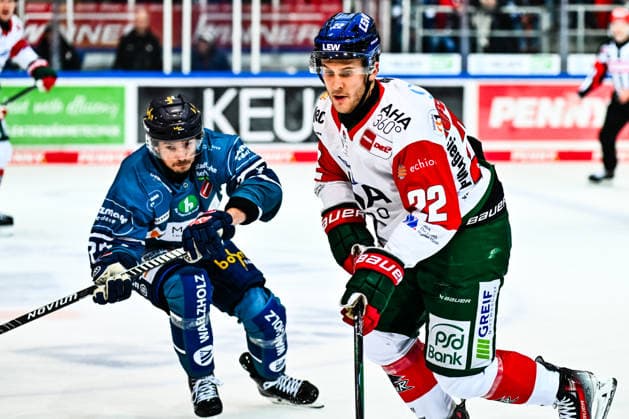Noel Hoefenmayer (Augsburger Panther, 22) Mac Hollowell (Iserlohn Roosters, 81), GER, Iserlohn Roosters vs. Augsburger Panther, Eishockey, Penny-DEL, 3. Spieltag, Spielzeit 2026 2027, 24.09.2026, GER, Iserlohn Roosters vs. Augsburger Panther, Eishockey, Penny-DEL, 3. Spieltag, Spielzeit 2026 2027, 24.09.2026 Iserlohn Copyright: xJonasxBrockmann Eibner-Pressefotx EP_JBN