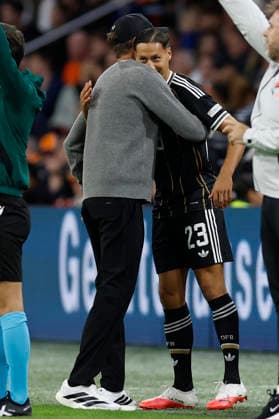 Amsterdam, Netherlands, 24th September 2026. Jurgen Klopp, head coach of Germany embraces Younes Ebnoutalib before he comes on as a substitute during the Netherlands vs Germany UEFA Nations League match at the Johan Cruyff Arena, Amsterdam. Picture credit should read: Cody Froggatt Sportimage EDITORIAL USE ONLY. No use with unauthorised audio, video, data, fixture lists, club league logos or live services. Online in-match use limited to 120 images, no video emulation. No use in betting, games or single club league player publications. SPI_052_CF_NETHERLANDS_V_GERMANY SPI-5017-0052