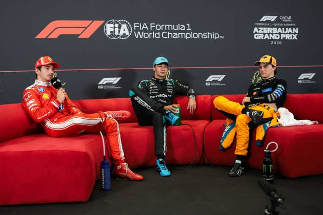 F1 - AZERBAIJAIN GRAND PRIX 2026 LECLERC Charles (mco), Scuderia Ferrari SF-26, portrait, RUSSELL George (gbr), Mercedes AMG F1 Team W17, portrait and PIASTRI Oscar (aus), McLaren F1 Team MCL40, portrait press conference, PK, Pressekonferenz during the 2026 Formula 1 Azerbaijan Grand Prix, 15th round of the 2026 Formula One World Championship, WM, Weltmeisterschaft from September 24 to 26, 2026 on the Baku City Circuit, in Baku, Azerbaijan - BakuAzerbaijan Copyright: xEricxAlonsox