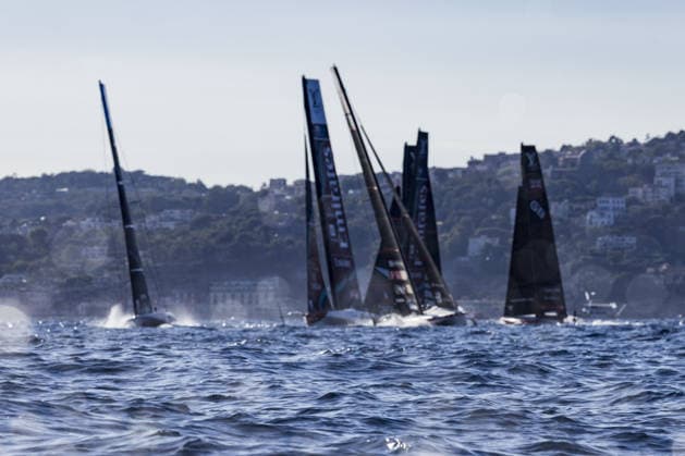 IPA88968190 - Day 1 of the Louis Vuitton 38th America s Cup Preliminary Regatta in Naples. AC40 foiling monotypes racing across the Gulf of Naples, featuring intense fleet action from all participating syndicates, including Emirates Team New Zealand, Luna Rossa Prada Pirelli, GB1, Tudor Team Alinghi, and other international teams on the official race course. During the Louis Vuitton 38th America s Cup Preliminary Regatta in Naples, a sailing race in Naples, Italy, on September 25, 2026 Copyright: xCarloxDixSanto IPAxSportx xx IPA88968190