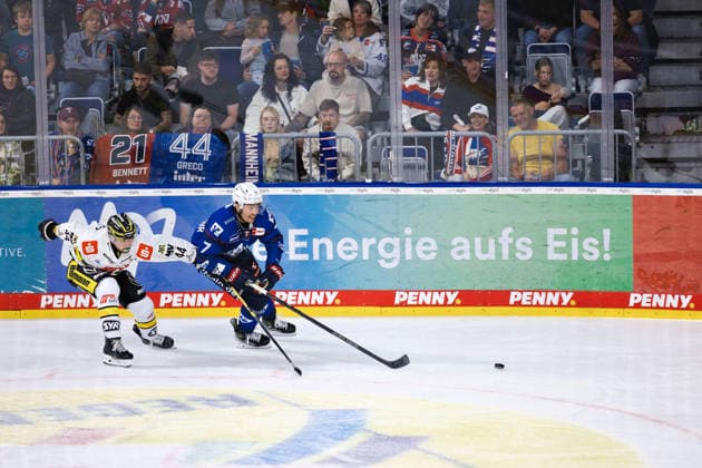 7 GILMOUR John (Adler Mannheim) in battle for the ball with 22 MEBUS Oliver (Krefeld Pinguine). GER, Adler Mannheim vs. Krefeld Pinguine, Eishockey, PENNY DEL, 3. Spieltag, Spielzeit 2026 2027, 25.09.2026 GER, Adler Mannheim vs. Krefeld Pinguine, Eishockey, PENNY DEL, 3. Spieltag, Spielzeit 2026 2027, 25.09.2026 Deutschland Copyright: xEibner-Pressefoto LenaxUllrichx EP_LUH