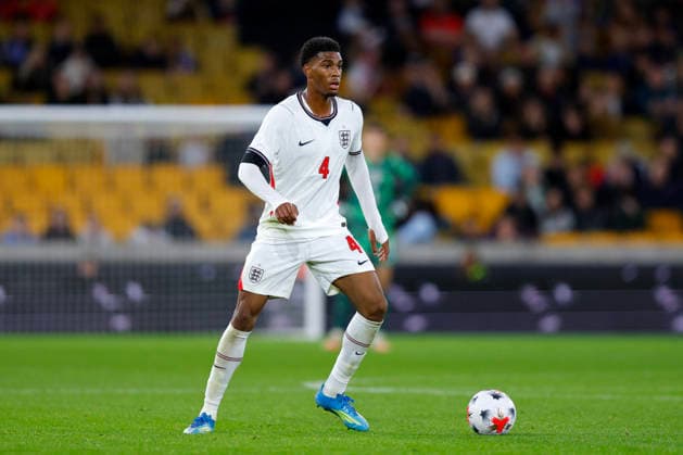 Wolverhampton, England, 25th September 2026. Josh Acheampong of England U21, U 21 during the England U21 vs Kazakhstan U21 UEFA European Under-21 Championship Qualifier match at Molineux, Wolverhampton. Picture credit should read: James Baylis Sportimage EDITORIAL USE ONLY. No use with unauthorised audio, video, data, fixture lists, club league logos or live services. Online in-match use limited to 120 images, no video emulation. No use in betting, games or single club league player publications. 139_SPI_JB_U21_ENGLAND_KAZAKHSTAN SPI-5018-0139