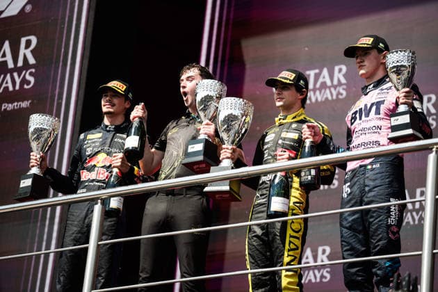 AUTO - FORMULA 2 2026 - BAKU CAMARA Rafael (bra), Invicta Racing, Dallara F2 2024, portrait TSOLOV Nikola (bul), Campos Racing, Dallara F2 2024, portrait DUNNE Alex (irl), Rodin Motorsport, Dallara F2 2024, portrait podium during the 12th round of the 2026 FIA Formula 2 Championship from September 24 to 26, 2026 on the Baku City Circuit, in Baku, Azerbaijan - BakuAzerbaijan Copyright: xEricxAlonsox