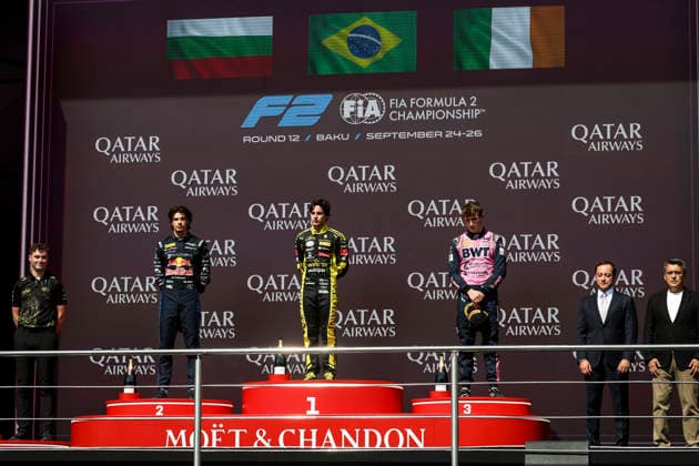 AUTO - FORMULA 2 2026 - BAKU CAMARA Rafael (bra), Invicta Racing, Dallara F2 2024, portrait celebration victory podium DUNNE Alex (irl), Rodin Motorsport, Dallara F2 2024, portrait TSOLOV Nikola (bul), Campos Racing, Dallara F2 2024, portrait during the 12th round of the 2026 FIA Formula 2 Championship from September 24 to 26, 2026 on the Baku City Circuit, in Baku, Azerbaijan - BakuAzerbaijan Copyright: xXavixBonillax