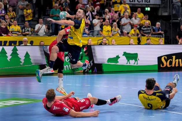 Jannik Kohlbacher (RNL, 80), erzielt das Tor zum 29:27, Treffer, Torerfolg, Highlight, Action, Aktion, Spielszene, 26.09.2026, Mannheim (Deutschland), Handball, Bundesliga, Rhein-Neckar Löwen - MT Melsungen
