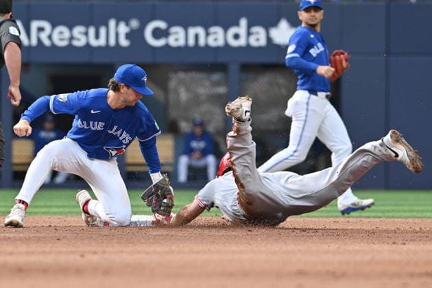 September 26, 2026, Toronto, On, Canada: Toronto Blue Jays second baseman Ernie Clement, left, tags out Cincinnati Reds Sal Stewart trying to steal during fifth inning MLB, Baseball Herren, USA baseball action in Toronto on Saturday, Sept. 26, 2026. Canada News - September 26, 2026 - ZUMAc35_ 20260926_zaf_c35_084 Copyright: xJonxBlackerx