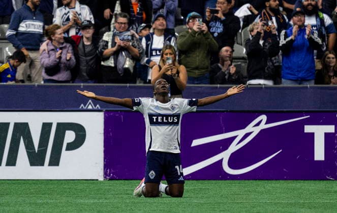 September 26, 2026, Vancouver, Bc, CANADA: Vancouver Whitecaps Bruno Caicedo (14) celebrates after scoring a goal against D.C. United during the first half of an MLS, Fussball Herren, USA soccer match, in Vancouver, on Saturday, Sept. 26, 2026. Canada News - September 26, 2026 - ZUMAc35_ 20260926_zaf_c35_209 Copyright: xJacobxMallarix
