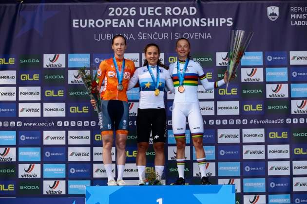UEC 2026 Road European Championships Ljubljana 02 10 2026 SENCUR, SLOVENIA - OCTOBER 02 : Vinke Nienke (NED), Winter Mara (SUI) and Chladonova Viktoria (SVK) pictured during the podium ceremony of the Women U23 cycling road race at the 2026 UEC Road European Championships. An UCI Continental Championships cycling race of 88,4 km with start and finsih in Sencur on October 2, 2026 in Sencur, Slovenia, 02 10 2026 Sencur Slovenia Copyright: xLucaxBettinix